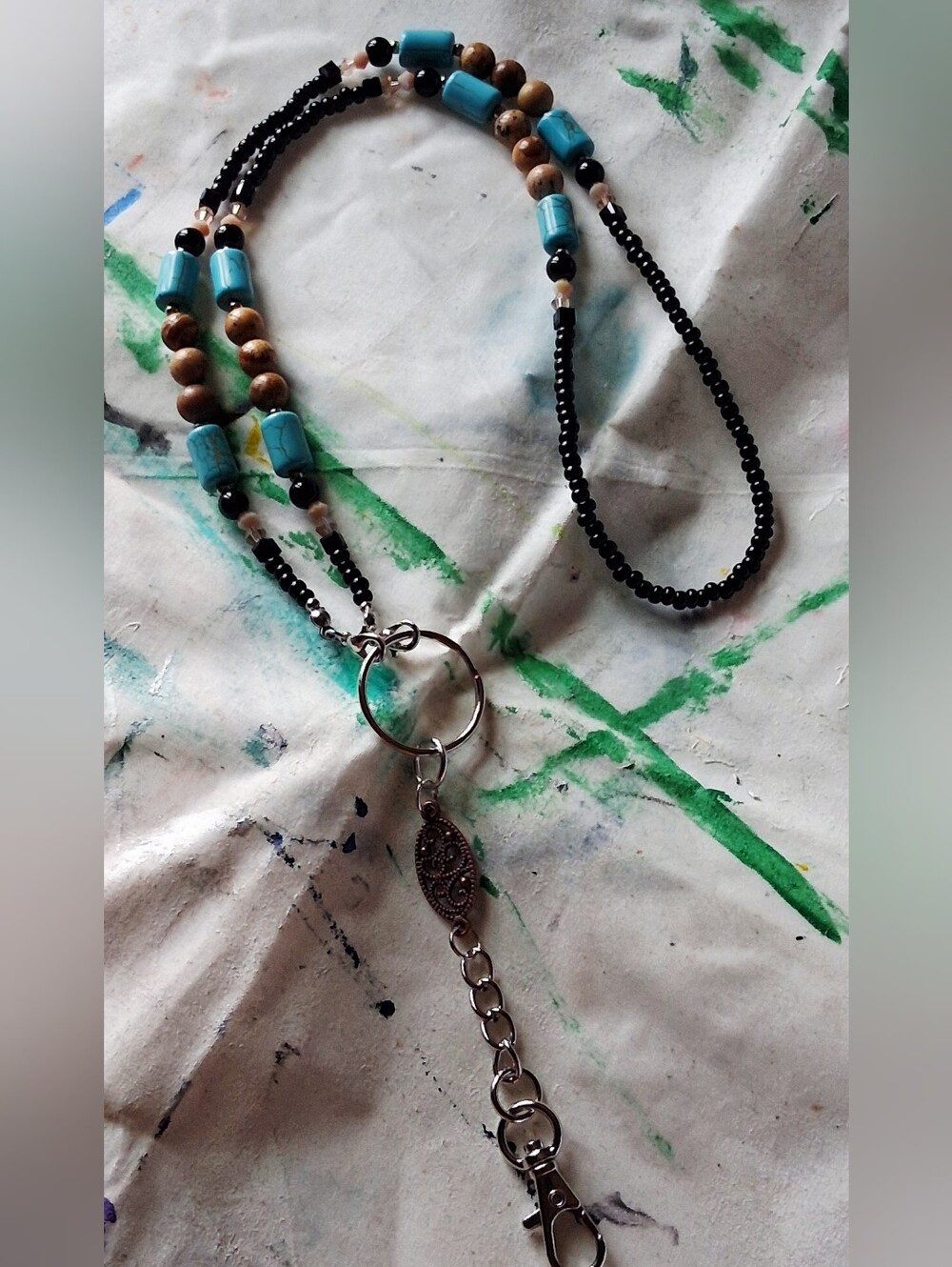 Beaded Lanyard Necklace with Turquoise & Wood Beads